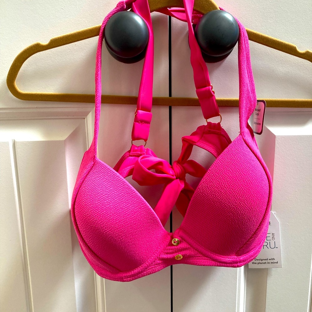 Hot Pink Button Front Push-up Bikini Bra Top